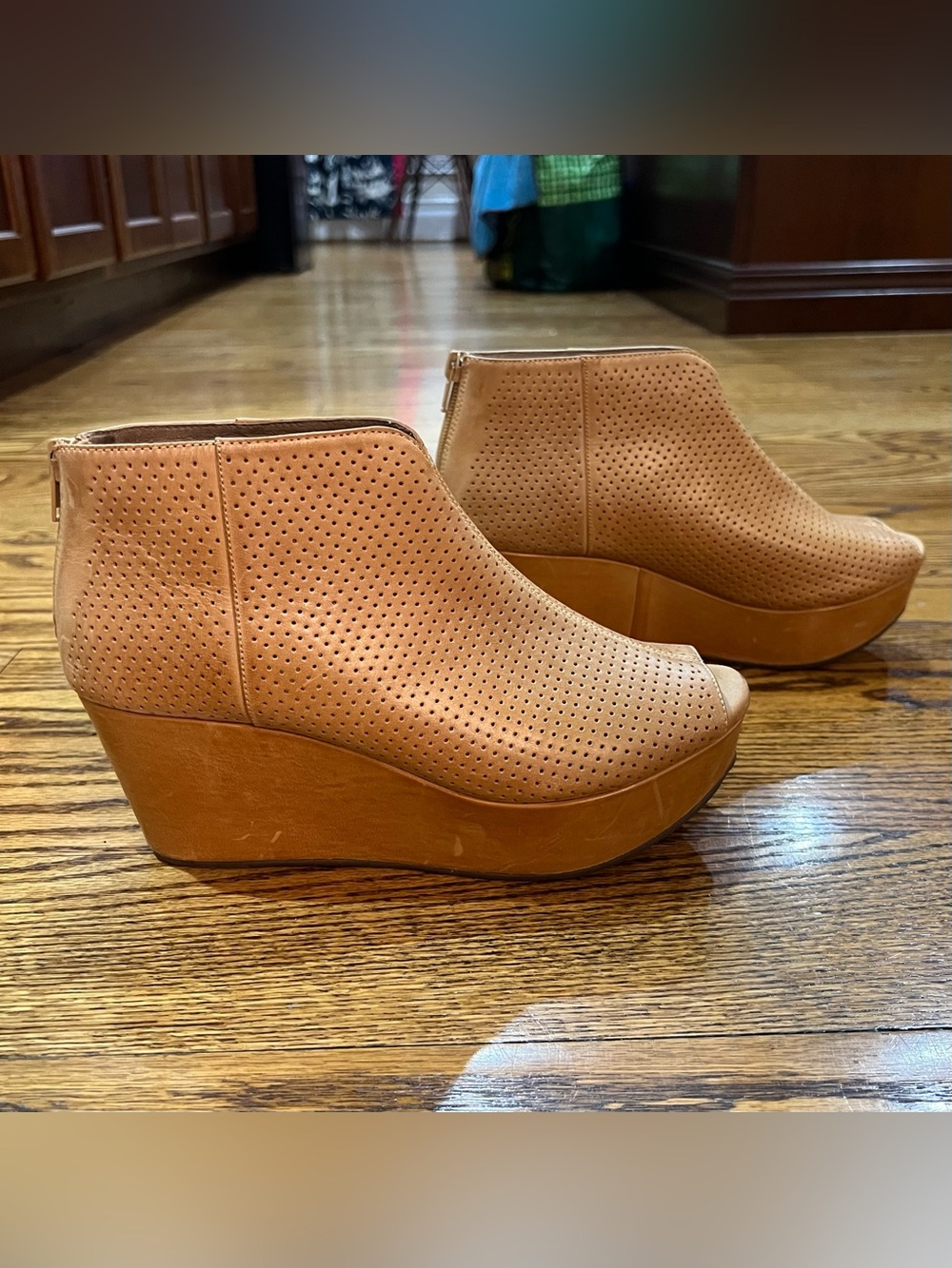 Chocolat Blu Walee Leather Peep Toe Platform Bootie Sz 7.5 Camel Wedge Boho - Picture 5 of 13